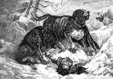 St. Bernard dogs finding a traveller in the snow, 1883. Creator: Unknown.