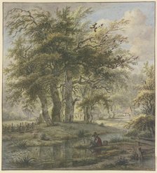 Oak forest with some huts, a fisherman in the foreground. Creator: Jan Hulswit.