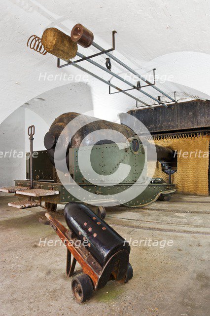 Interior of casement with massive 38 ton gun and equipment, Hurst Castle, Hampshire, 2012.  Artist: Historic England Staff Photographer.
