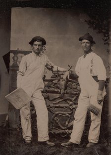 Two Plasterers in Overalls Leaning on a Rustic Fence, 1870s-80s. Creator: Unknown.