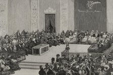 Awarding of prizes during the Floral Games, auditorium of the Central University, Madrid...1878. Creator: Juan Comba García.