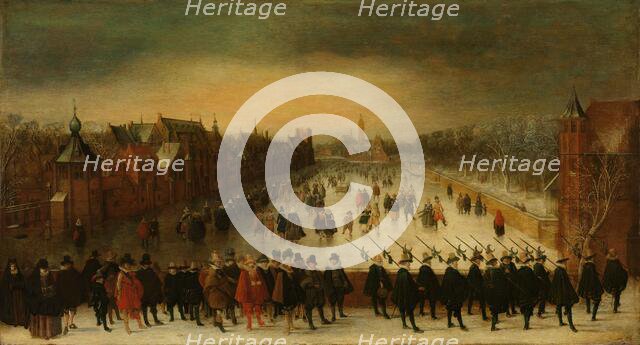 The Vijverberg, The Hague, in Winter, with Prince Maurits and his Retinue in the Foreground, 1618. Creator: Adam van Breen.