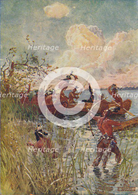 'Jesuit Priest and Converts Attacked By Indians', 1916. Artist: Henry Sandham.