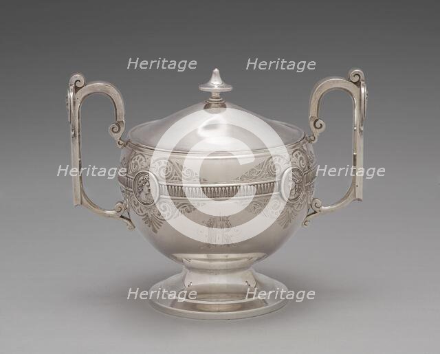 Sugar bowl with lid for the Medallion pattern tea and coffee service, 1864-1867. Creators: George Wilkinson, Gorham Manufacturing Company, J.E. Caldwell & Co.