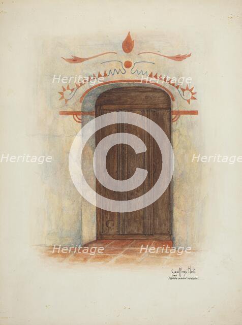 Restoration Drawing Wall Painting and Door, Facade Mission House, 1937. Creators: Geoffrey Holt, Harry Mann Waddell.