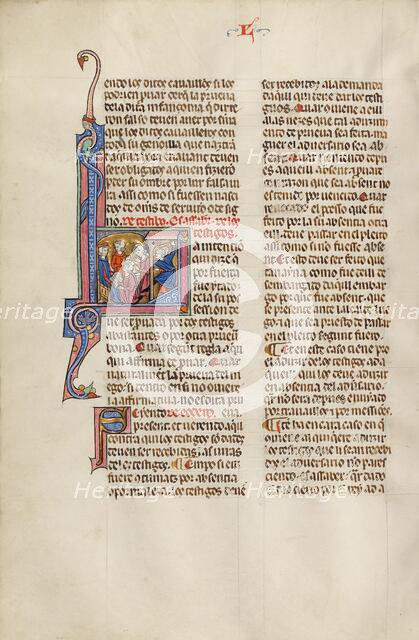 Initial L: A Man Clubbing Another Man before a Judge; Vidal Mayor, about 1290-1310. Creator: Unknown.