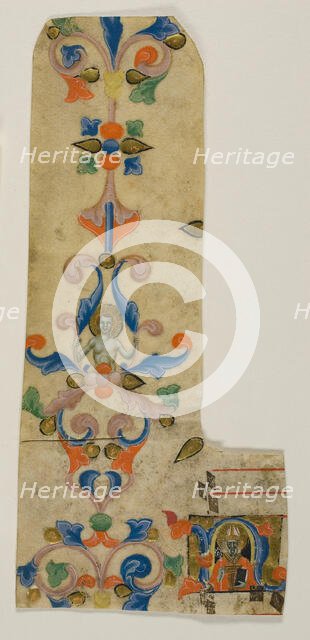 Bishop Saint Zenobius in a Historiated Initial "N" with Decorated Border from a Laudario, c. 1340. Creator: Master of the Dominican Effigies.