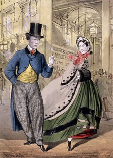 A lady and a gentleman by the entrance to the Oxford Music Hall, Oxford St, Westminster, c1860. Artist: Concanen & Lee