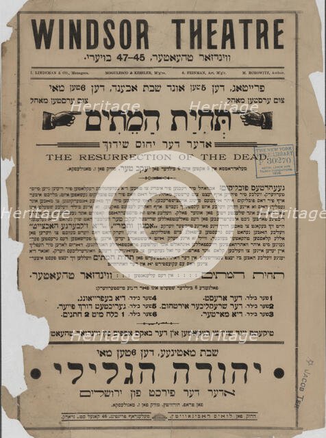Thies ha-meysim, oder, der yihes shidekh: melodrama in 5 akten und 6 bilder, c1893 (?). Creators: Windsor Theatre, Yaakov Ter, Sigmund Mogulesko.