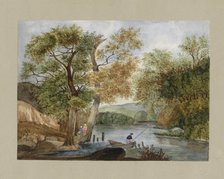 Wooded landscape with a fisherman and two girls, c.1819-c.1870. Creator: Anon.