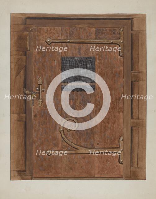 Iron Hinges on Door, c. 1936. Creator: Bertha Semple.