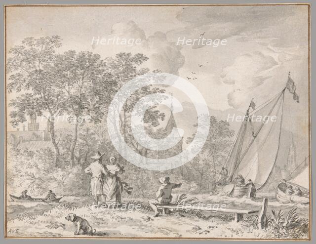 Landscape with Elegant Figures by a River, with Boats to the Right and a Town Behind..., n.d. Creator: Allart van Everdingen.