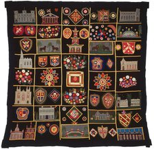 Quilt with Buildings, Animals, and Coats of Arms, New York, c.  1890. Creator: Unknown.