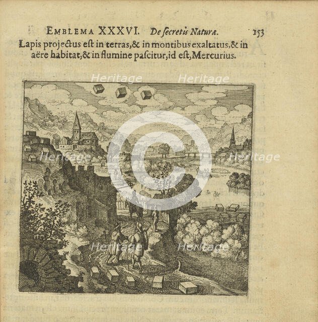 Emblem 36. This stone is cast on the earth and lifted up on the mountains, dwells in the air... 1816 Creator: Merian, Matthäus, the Elder (1593-1650).