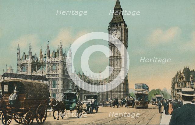 'Houses of Parliament, & Westminster Bridge, London', c1900s. Creator: Unknown.