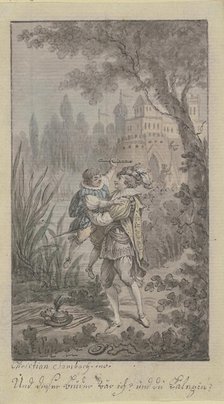 Greeting scene of two men at a castle. Creator: Christian Sambach.