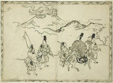Narihira's Eastern Journey, from the illustrated book "Panorama of Paintings on Screens..., 1682. Creator: Hishikawa Moronobu.