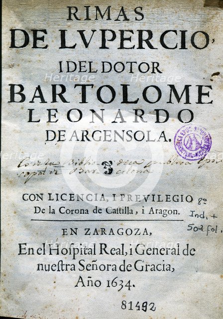 Rhymes' by Lupérnico and Bartolomé Argensola. Cover of the printed work in Zaragoza in 1634.