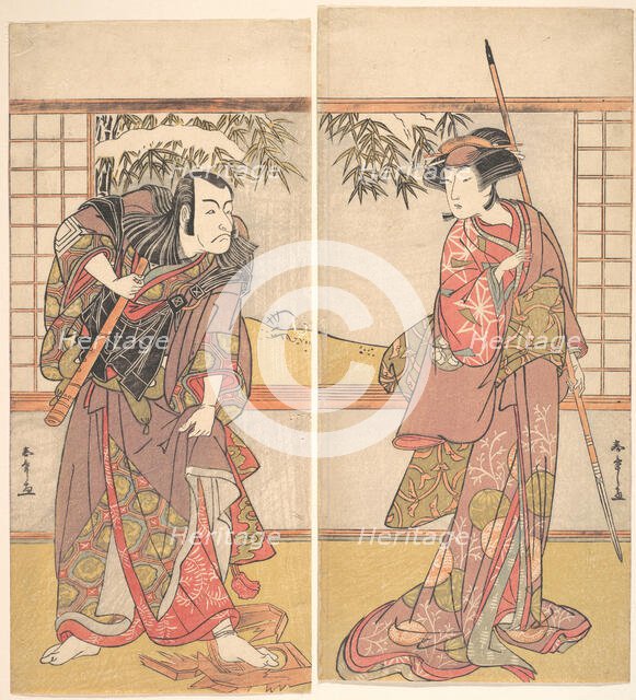 Kabuki Actors Osagawa Tsuneyo II and Ichikawa Danjuro V, ca. 1780s. Creator: Shunsho.