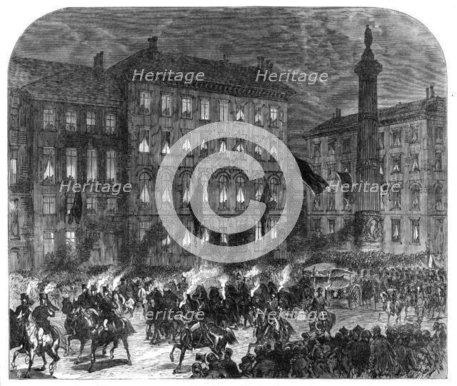 The body of the late King of the Belgians taken into Brussels by torchlight, 1865. Creator: Unknown.