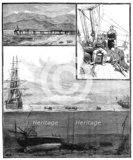 Divers exploring the wreck of H.M.S. Doterel, blown up in the Straits of Magellan, 1881. Creator: William James Palmer.