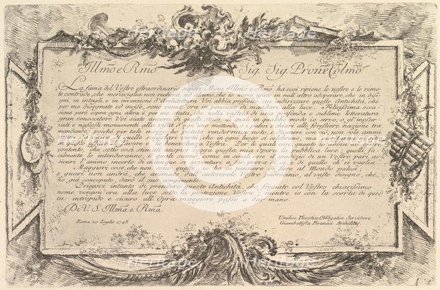 Dedication to Giovanni Bottari (Dédicace à Bottari), ca. 1748. Creator: Giovanni Battista Piranesi.