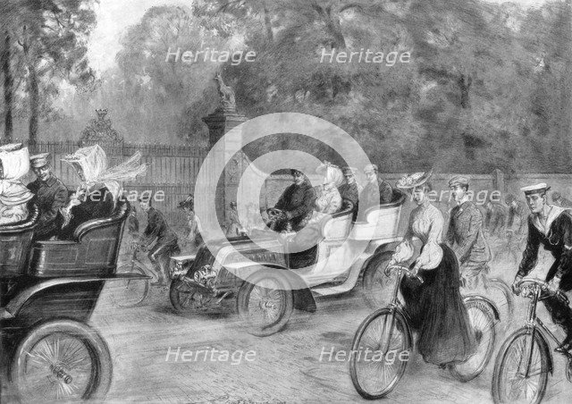 Motors and cycles in Kensington High Street, London, 1903. Artist: Percy Spence