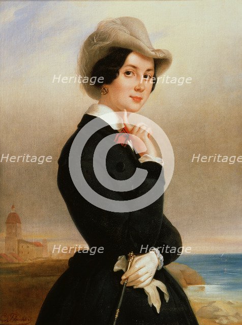 'Portrait of the actress of the Imperial theatre Vera Samoylova', 1840s.  Artist: Eugene Pluchart