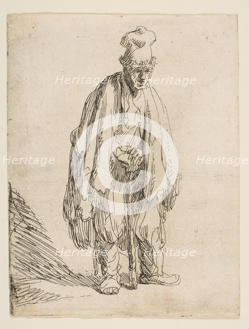 Beggar in a High Cap, Standing and Leaning on a Stick, ca. 1629. Creator: Rembrandt Harmensz van Rijn.