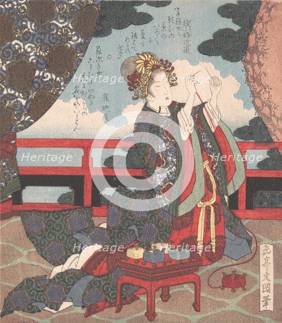 Lady Threading Needle on Verandah, 19th century. Creator: Gakutei.