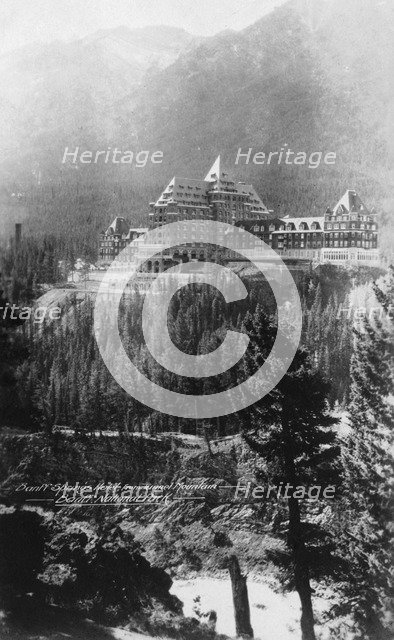 Banff Springs Hotel, from Tunnel Mountain, Banff National Park, Alberta, Canada, c1930s(?).Artist: Marjorie Bullock