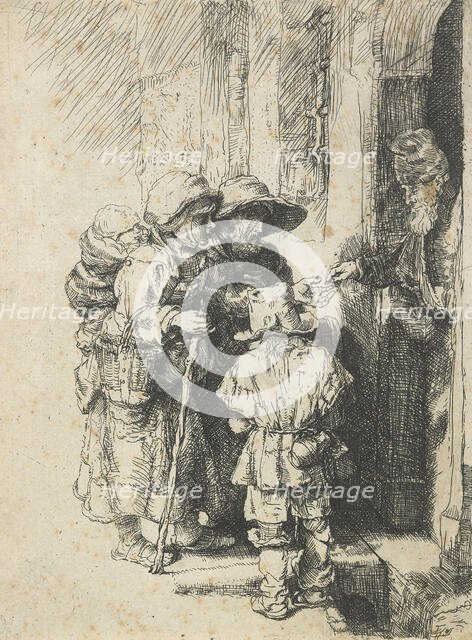 A blind hurdy-gurdy player and family receiving alms, reverse copy, after 1648. Creator: Unknown.