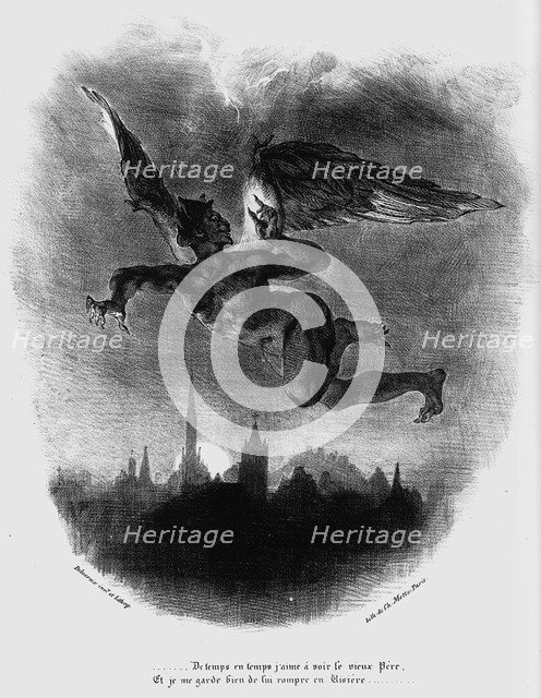 Mephistopheles Prologue in The Sky. Illustration to Goethe's Faust, 1828. Artist: Delacroix, Eugène (1798-1863)