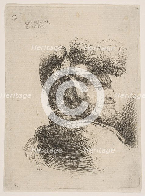 Man in profile facing right, wearing a fur hat, from series of 'Small Heads in Orie..., ca. 1645-50. Creator: Giovanni Benedetto Castiglione.