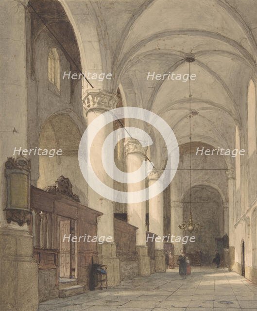 Vaulted Side Aisle of a Church, with Figures, 19th century. Creator: Johannes Bosboom.