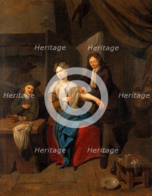 A surgeon preparing to let blood by cupping, his apprentice warming the cupping glass, c1710s. Creator: Jan Baptist Lambrechts.