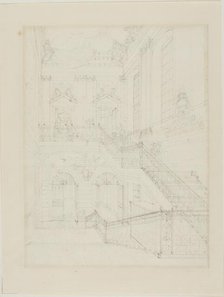 Study for The Hall and Staircase, British Museum, from Microcosm of London, c. 1808. Creator: Augustus Charles Pugin.