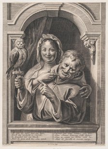 A Fool with an Owl and a Woman at a Window, 17th century. Creator: Pieter de Jode II.