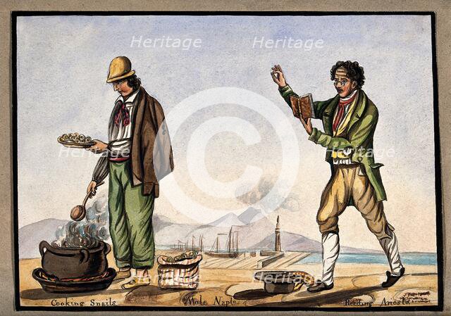 The dockside in Naples: a man is cooking snails in a pot over an open fire..., 1800-1899. Creator: Unknown.