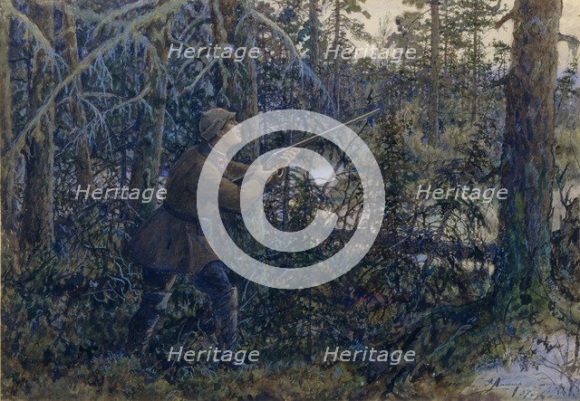 Capercaillie Hunting, 1937. Artist: Lissner, Ernest Ernestovich (1874-1941)