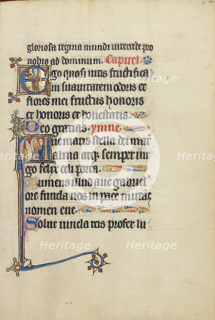 Initial E: A Female Saint (Mary?) with a Book and Flowers: Initial A: The Annunciation, about 1300. Creator: Unknown.