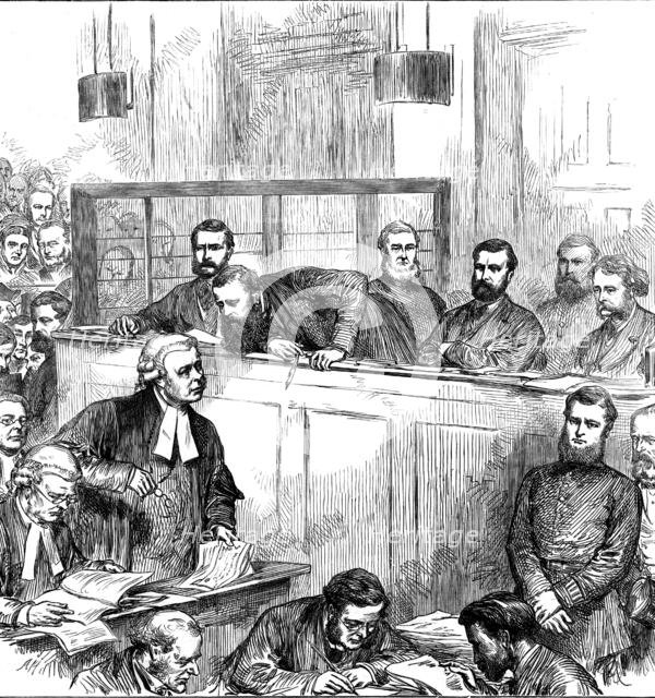 Trial of the bank forgers at the Old Bailey, 1873. Creator: Unknown.