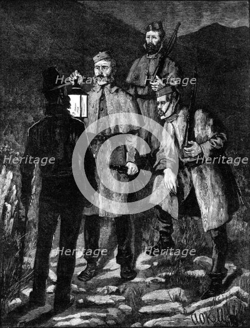 The State of Ireland: police patrol challenging a suspected person, 1881. Creator: Unknown.