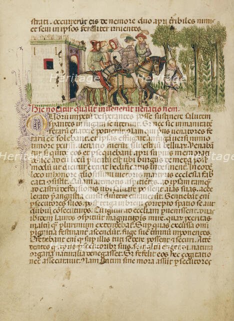 Aimo and Vermondo Riding Out to the Hunt; Legenda Venerabilium..., about 1400. Creator: Anovelo da Imbonate.