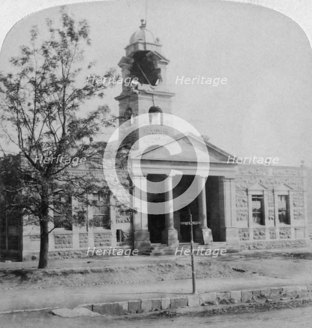 The Town Hall, struck by a Boer shell during the siege, Ladysmith, South Africa, 1901. Artist: Underwood & Underwood