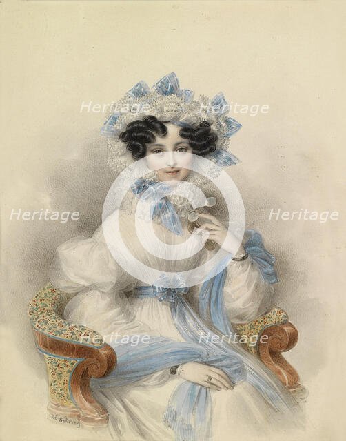 Portrait of Archduchess Henriette of Austria (1797-1829) in white dress with blue bows, 1829. Creator: Ender, Johann Nepomuk (1793-1854).