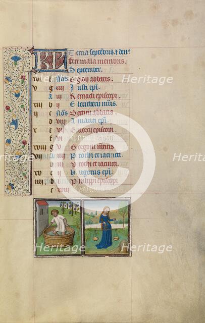 September Calendar Page: Making Wine: Libra; Arenberg Hours, early 1460s. Creator: Workshop of Willem Vrelant.