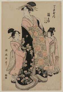 The Courtesan Hinazuru of Chojiya with her Attendants Tsuruji and Tsuruno, c. 1794. Creator: Kitagawa Utamaro (Japanese, 1753?-1806).