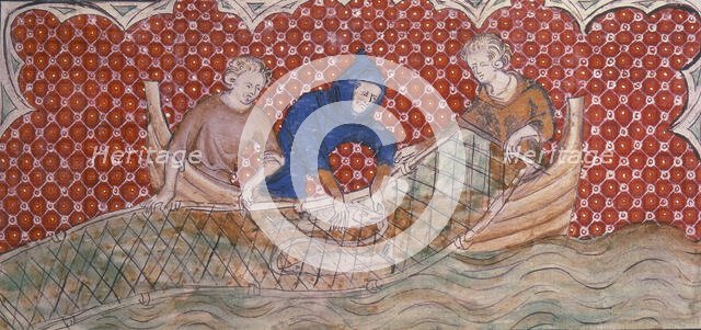Three fishermen hauling in their catch, c1300-c1325. Creator: Unknown.