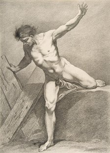 An "Académie": Striding Man Leaning on a Plank, 1742-43. Creator: Carle van Loo.